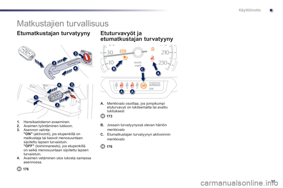 Peugeot 508 2014  Omistajan käsikirja (in Finnish) .
17
Käyttöönotto
 Matkustajien  turvallisuus 
1.   Hansikaslokeron  avaaminen. 2.   Avaimen työntäminen lukkoon. 3.   Asennon  valinta:     "ON"  (aktivointi), jos etupenkillä on matkustaja tai
