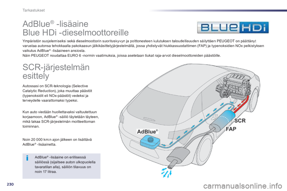 Peugeot 508 2014  Omistajan käsikirja (in Finnish) 230
Tarkastukset
     AdBlue®  -lisäaine  
Blue HDi -dieselmoottoreille  
  Ympäristön suojelemiseksi sekä dieselmoottorin suorituskyvyn ja polttonesteen kulutuksen taloudellisuuden säilyttäen 