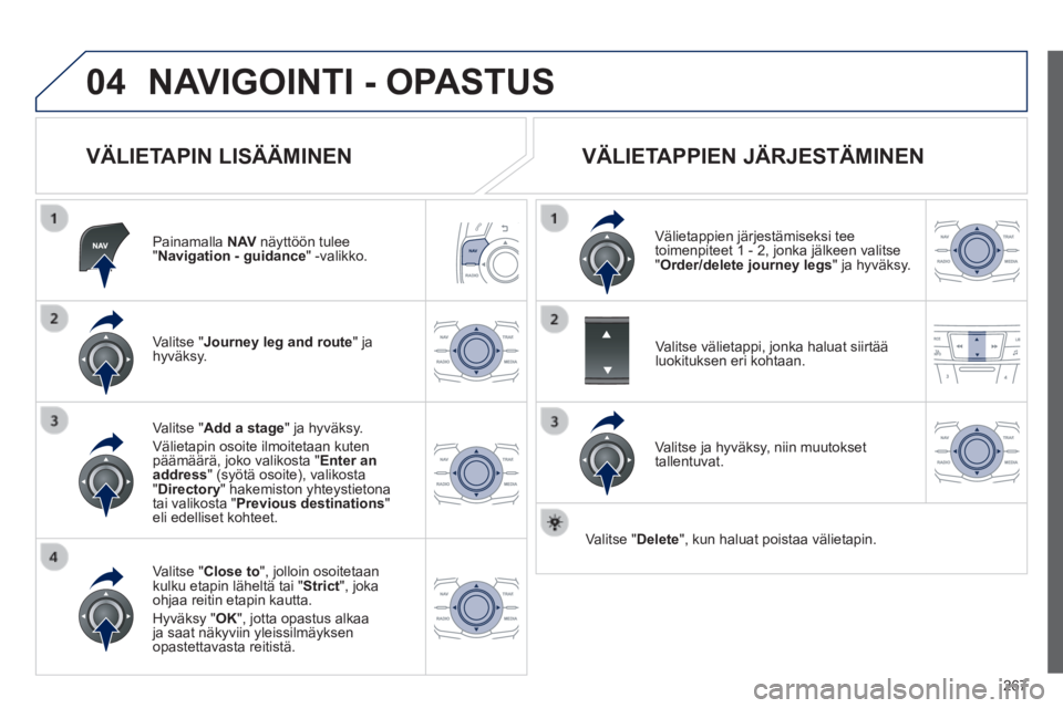 Peugeot 508 2014 Omistajan käsikirja (in Finnish) 267
04
508_fi _Chap11c_RT6_ed01-2014
NAVIGOINTI - OPASTUS
VÄLIETAPIN LISÄÄMINEN
Painamalla N AV näyttöön tulee " Navigation - guidance " -valikko.
Valitse " Journey leg and rou Peugeot 508 2014 Omistajan käsikirja (in Finnish) 267
04
508_fi _Chap11c_RT6_ed01-2014
NAVIGOINTI - OPASTUS
VÄLIETAPIN LISÄÄMINEN
Painamalla N AV näyttöön tulee " Navigation - guidance " -valikko.
Valitse " Journey leg and rou