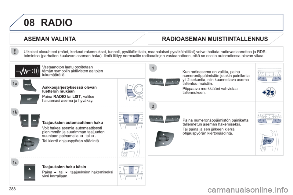 Peugeot 508 2014 Omistajan käsikirja (in Finnish) 288
08
508_fi _Chap11c_RT6_ed01-2014
RADIO
Aakkosjärjestyksessä olevan luettelon mukaan
Paina RADIO tai LIST , valitse haluamasi asema ja hyväksy.
Taajuuksien automaattinen haku Peugeot 508 2014 Omistajan käsikirja (in Finnish) 288
08
508_fi _Chap11c_RT6_ed01-2014
RADIO
Aakkosjärjestyksessä olevan luettelon mukaan
Paina RADIO tai LIST , valitse haluamasi asema ja hyväksy.
Taajuuksien automaattinen haku