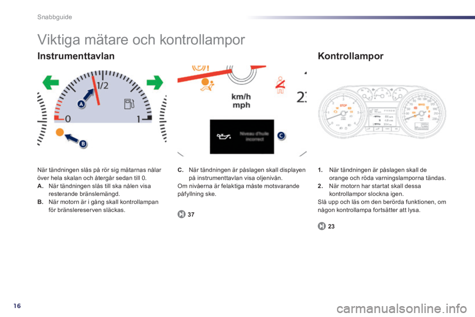 Peugeot 508 2014  Ägarmanual (in Swedish) 16
Snabbguide
 Viktiga mätare och kontrollampor 
 När tändningen slås på rör sig mätarnas nålar över hela skalan och återgår sedan till 0. A.   När tändningen slås till ska nålen visa r