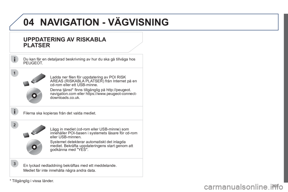 Peugeot 508 2014 Ägarmanual (in Swedish) 265
04
508_sv_Chap11c_RT6_ed01-2014
NAVIGATION - VÄGVISNING
UPPDATERING AV RISKABLA
PLATSER
Du kan får en detaljarad beskrivning av hur du ska gå tillväga \
hos PEUGEOT.
Filerna ska Peugeot 508 2014 Ägarmanual (in Swedish) 265
04
508_sv_Chap11c_RT6_ed01-2014
NAVIGATION - VÄGVISNING
UPPDATERING AV RISKABLA
PLATSER
Du kan får en detaljarad beskrivning av hur du ska gå tillväga \
hos PEUGEOT.
Filerna ska