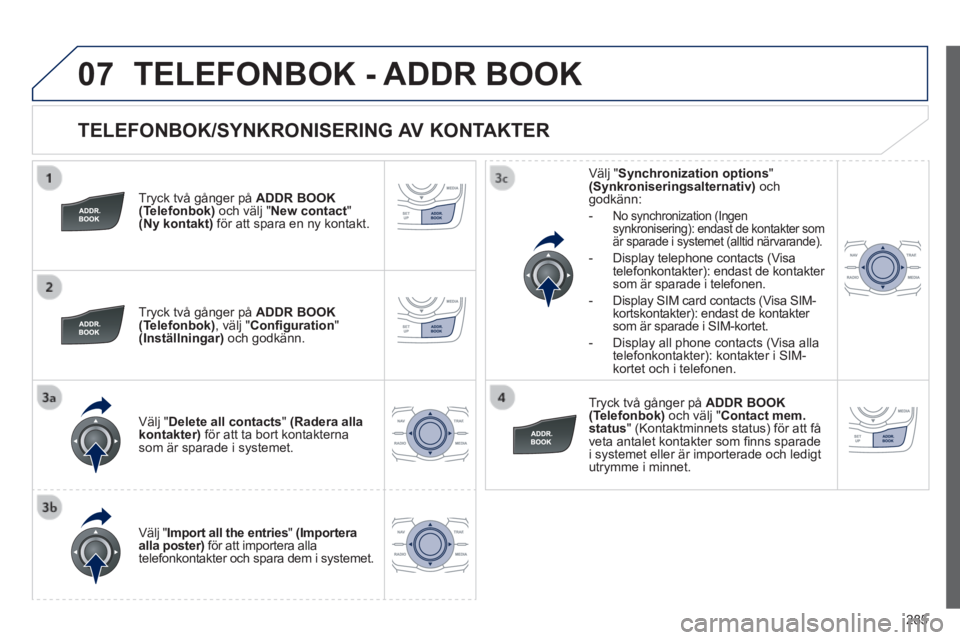 Peugeot 508 2014 Ägarmanual (in Swedish) 285
07
508_sv_Chap11c_RT6_ed01-2014
TELEFONBOK/SYNKRONISERING AV KONTAKTER
Tryck två gånger på ADDR BOOK(Telefonbok) och välj " New contact " (Ny kontakt) för att spara en ny kontakt. Peugeot 508 2014 Ägarmanual (in Swedish) 285
07
508_sv_Chap11c_RT6_ed01-2014
TELEFONBOK/SYNKRONISERING AV KONTAKTER
Tryck två gånger på ADDR BOOK(Telefonbok) och välj " New contact " (Ny kontakt) för att spara en ny kontakt.