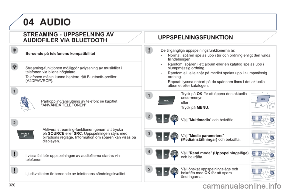 Peugeot 508 2014 Ägarmanual (in Swedish) 320
04
508_sv_Chap11d_RD5_ed01-2014
AUDIO
STREAMING - UPPSPELNING AV
AUDIOFILER VIA BLUETOOTH
Beroende på telefonens kompatibilitet
Parkoppling/anslutning av telefon: se kapitlet Peugeot 508 2014 Ägarmanual (in Swedish) 320
04
508_sv_Chap11d_RD5_ed01-2014
AUDIO
STREAMING - UPPSPELNING AV
AUDIOFILER VIA BLUETOOTH
Beroende på telefonens kompatibilitet
Parkoppling/anslutning av telefon: se kapitlet