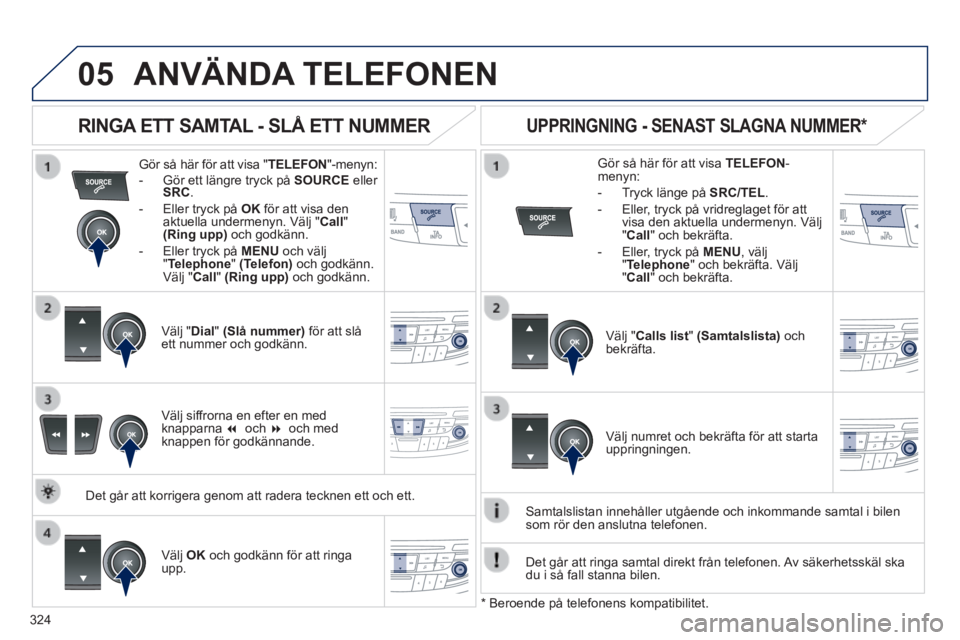 Peugeot 508 2014 Ägarmanual (in Swedish) 324
05
508_sv_Chap11d_RD5_ed01-2014
ANVÄNDA TELEFONEN
Gör så här för att visa " TELEFON "-menyn: - Gör ett längre tryck på SOURCE eller SRC - Gör ett längre tryck på Peugeot 508 2014 Ägarmanual (in Swedish) 324
05
508_sv_Chap11d_RD5_ed01-2014
ANVÄNDA TELEFONEN
Gör så här för att visa " TELEFON "-menyn: - Gör ett längre tryck på SOURCE eller SRC - Gör ett längre tryck på