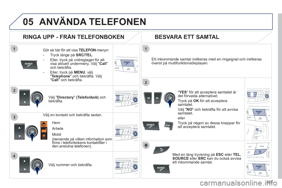 Peugeot 508 2014 Ägarmanual (in Swedish) 325
05
508_sv_Chap11d_RD5_ed01-2014
ANVÄNDA TELEFONEN
Gör så här för att visa TELEFON -menyn:
- Tryck länge på SRC/TEL .
- Eller, tryck på vridreglaget för att visa Peugeot 508 2014 Ägarmanual (in Swedish) 325
05
508_sv_Chap11d_RD5_ed01-2014
ANVÄNDA TELEFONEN
Gör så här för att visa TELEFON -menyn:
- Tryck länge på SRC/TEL .
- Eller, tryck på vridreglaget för att visa