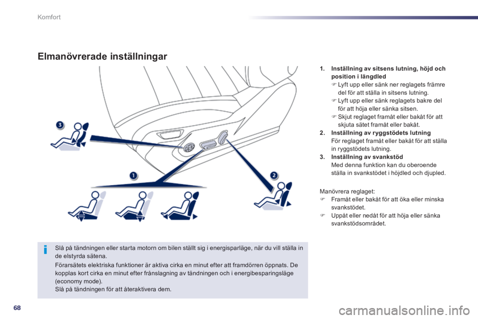 Peugeot 508 2014 Ägarmanual (in Swedish) 68
Komfort
508_sv_Chap03_confort_ed01-2014
Elmanövrerade inställningar
Slå på tändningen eller starta motorn om bilen ställt sig i energisparläge, när du vill ställa in de elstyrda sätena Peugeot 508 2014 Ägarmanual (in Swedish) 68
Komfort
508_sv_Chap03_confort_ed01-2014
Elmanövrerade inställningar
Slå på tändningen eller starta motorn om bilen ställt sig i energisparläge, när du vill ställa in de elstyrda sätena