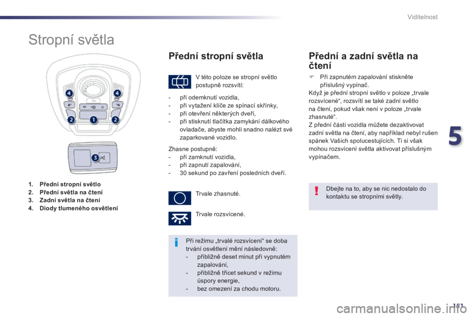 Peugeot 508 2014  Návod k obsluze (in Czech) 5
151
Viditelnost
1.    Přední stropní světlo2.    Přední světla na čtení3.    Zadní světla na čtení4.    Diody tlumeného osvětlení
         S t r o p n í   s v ě t l a  
 V této po