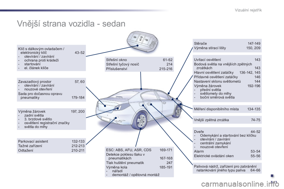 Peugeot 508 2014 Návod k obsluze (in Czech) .
341
Vizuální rejstřík
Vnější strana vozidla - sedan
Klíč s dálkovým ovladačem / elektronický klíč 43 -52 - otevírání / zavírání - ochrana proti krádeži - s Peugeot 508 2014 Návod k obsluze (in Czech) .
341
Vizuální rejstřík
Vnější strana vozidla - sedan
Klíč s dálkovým ovladačem / elektronický klíč 43 -52 - otevírání / zavírání - ochrana proti krádeži - s