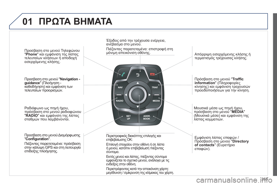 Peugeot 508 2014  Εγχειρίδιο χρήσης (in Greek) 255
01
508_EL_CHAP11C_RT6_ED01-2014
  Προσβαση στο μενού Τηλεφώνου " Phone " και εμφάνιση της λίστας τελευταίων κλήσεων ή απο