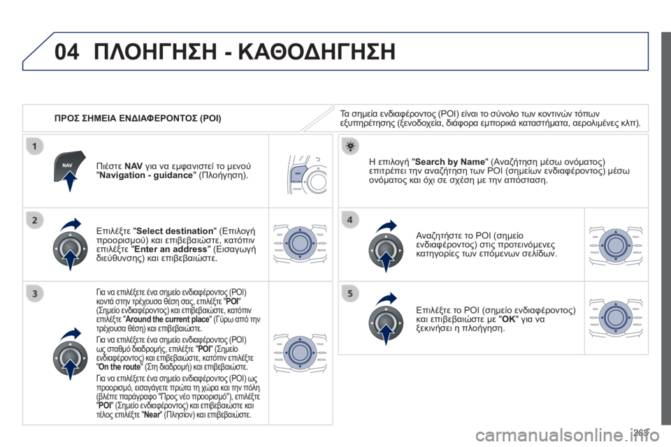 Peugeot 508 2014  Εγχειρίδιο χρήσης (in Greek) 263
04
508_EL_CHAP11C_RT6_ED01-2014
   ΠΡΟΣ ΣΗΜΕΙΑ ΕΝΔΙΑΦΕΡΟΝΤΟΣ (POI) 
 ΠΛΟΗΓΗΣΗ - ΚΑΘΟΔΗΓΗΣΗ 
 Τα σημεία ενδιαφέροντος (POI) είναι 