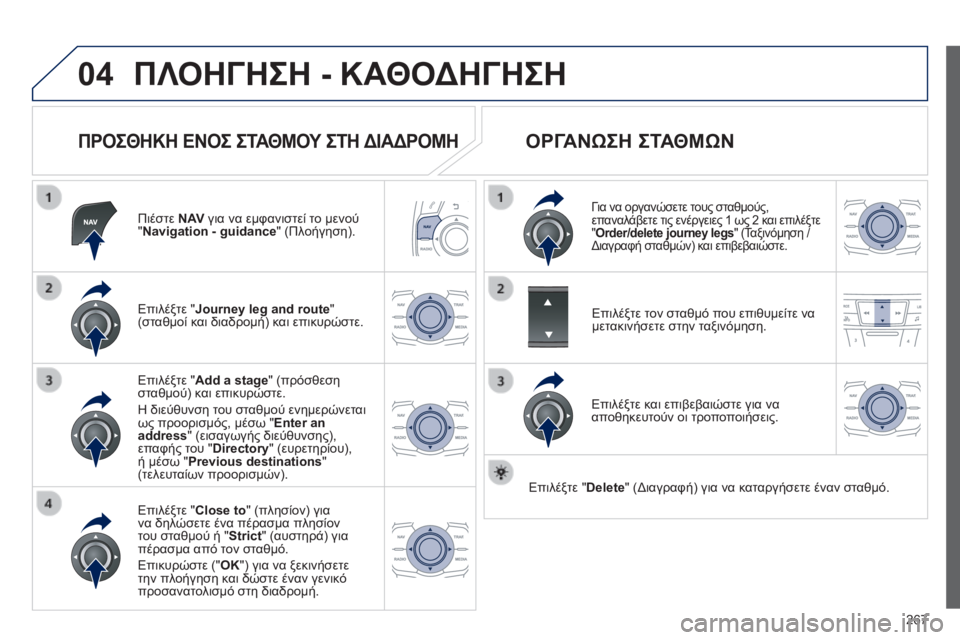 Peugeot 508 2014  Εγχειρίδιο χρήσης (in Greek) 267
04
508_EL_CHAP11C_RT6_ED01-2014
 ΠΛΟΗΓΗΣΗ - ΚΑΘΟΔΗΓΗΣΗ 
  ΠΡΟΣΘΗΚΗ ΕΝΟΣ ΣΤΑΘΜΟΥ ΣΤΗ ΔΙΑΔΡΟΜΗ 
  Πιέστε  N AV  για να εμφανιστεί