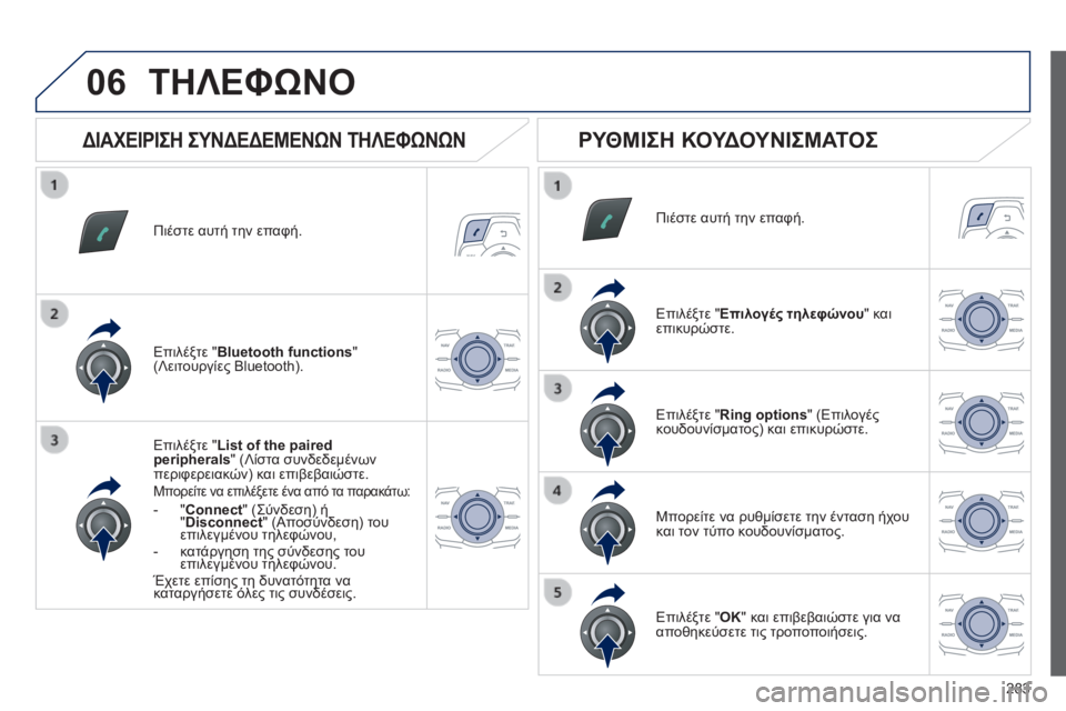 Peugeot 508 2014  Εγχειρίδιο χρήσης (in Greek) 283
06
508_EL_CHAP11C_RT6_ED01-2014
  Πιέστε αυτή την επαφή.  
  Επιλέξτε " List of the paired peripherals " (Λίστα συνδεδεμένων περιφερεια