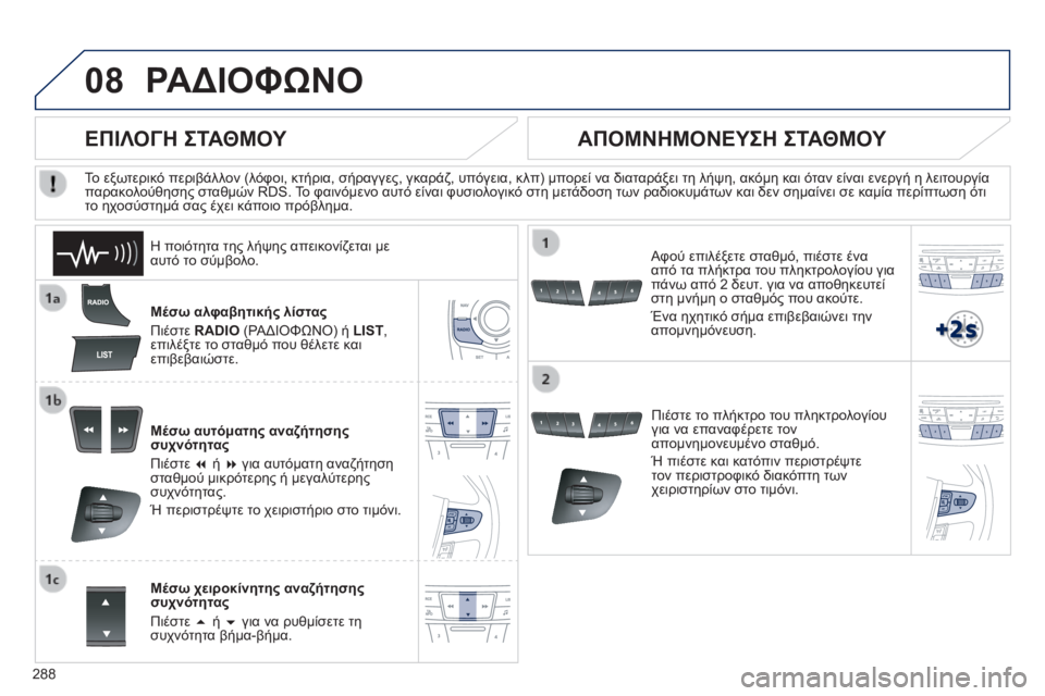 Peugeot 508 2014  Εγχειρίδιο χρήσης (in Greek) 288
08
508_EL_CHAP11C_RT6_ED01-2014
 ΡΑΔΙΟΦΩΝΟ 
  Μέσω αλφαβητικής λίστας 
 Πιέστε  RADIO  (ΡΑΔΙΟΦΩΝΟ) ή  LIST ,  επιλέξτε το σταθμό πο