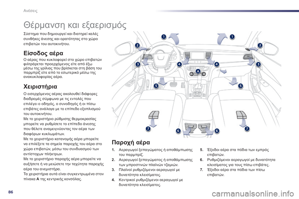 Peugeot 508 2014  Εγχειρίδιο χρήσης (in Greek) 86
Ανέσεις
508_EL_CHAP03_CONFORT_ED01-2014
         Θέρμανση και εξαερισμός 
  Ε ί σ ο δ ο ς   α έ ρ α  
 Ο αέρας που κυκ λοφορεί στο χώ