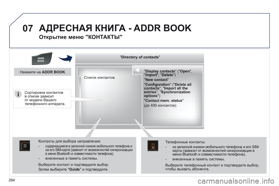 Peugeot 508 2014  Инструкция по эксплуатации (in Russian) 284
07
508_RU_CHAP11C_RT6_ED01-2014
 АДРЕСНАЯ КНИГА - ADDR BOOK 
  Открытие меню "КОНТАКТЫ" 
  "    "    "    "    "    "    "    &