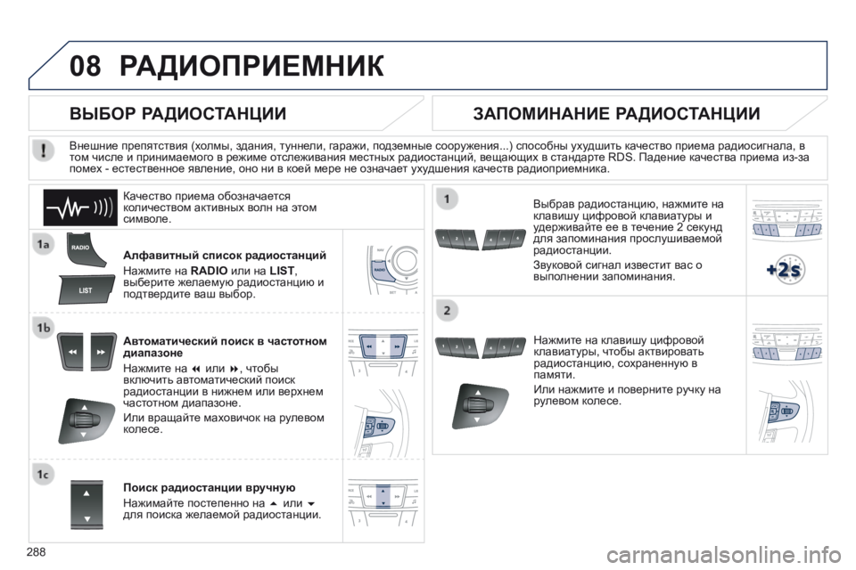 Peugeot 508 2014  Инструкция по эксплуатации (in Russian) 288
08
508_RU_CHAP11C_RT6_ED01-2014
 РАДИОПРИЕМНИК 
  Алфавитный список радиостанций 
 Нажмите на  RADIO  или на  LIST ,  выберите жел