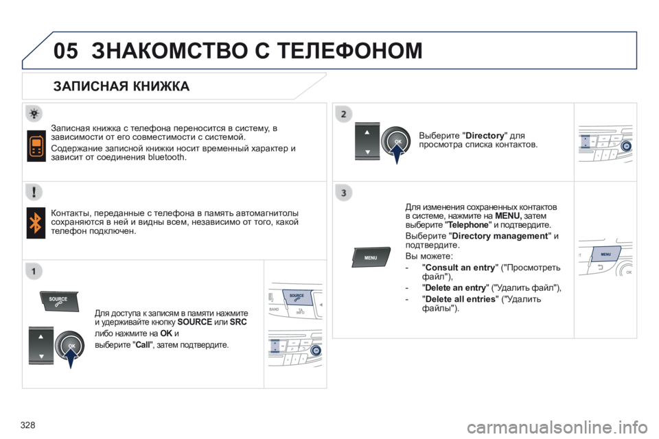 Peugeot 508 2014  Инструкция по эксплуатации (in Russian) 328
05
 
  
508_RU_CHAP11D_RD5_ED01-2014
 ЗНАКОМСТВО С ТЕЛЕФОНОМ 
  ЗАПИСНАЯ КНИЖКА 
  Записная книжка с телефона переносится в с
