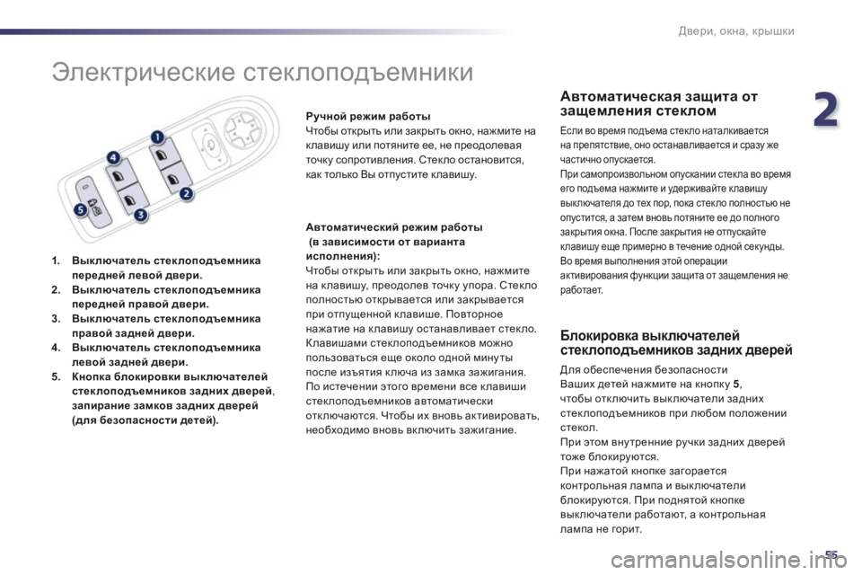 Peugeot 508 2014 Инструкция по эксплуатации (in Russian) 2
55
Двери, окна, крышки
508_RU_CHAP02_OUVERTURES_ED01-2014
Электрические стеклоподъемники
1. Выключатель стеклоподъемника Peugeot 508 2014 Инструкция по эксплуатации (in Russian) 2
55
Двери, окна, крышки
508_RU_CHAP02_OUVERTURES_ED01-2014
Электрические стеклоподъемники
1. Выключатель стеклоподъемника