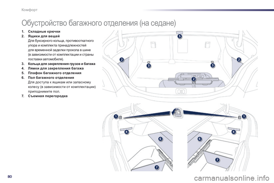 Peugeot 508 2014 Инструкция по эксплуатации (in Russian) 80
Комфорт
508_RU_CHAP03_CONFORT_ED01-2014
Обустройство багажного отделения (на седане)
1. Ск ладные крючки2. Ящи Peugeot 508 2014 Инструкция по эксплуатации (in Russian) 80
Комфорт
508_RU_CHAP03_CONFORT_ED01-2014
Обустройство багажного отделения (на седане)
1. Ск ладные крючки2. Ящи
