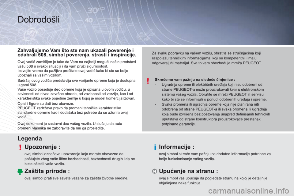 Peugeot 508 2014  Uputstvo za upotrebu (in Serbian) Dobrodošli
Skrećemo vam pažnju na sledeće činjenice :
- U gradnja opreme ili električnih uređaja koji nisu odobreni od 
strane PEUGEOT-a može prouzrokovati kvar u elektronskom 
sistemu vašeg 
