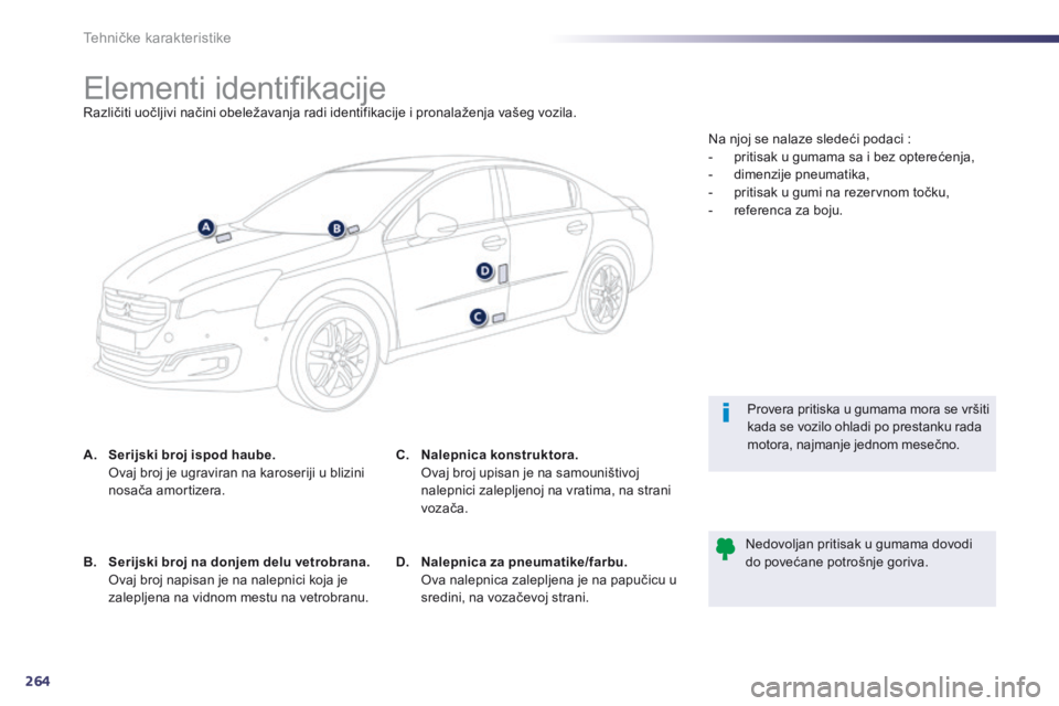 Peugeot 508 2014  Uputstvo za upotrebu (in Serbian) 264
508_sr_Chap10_caracteristiques-techniques_ed02-2014
Elementi identifikacijeRazličiti uočljivi načini obeležavanja radi identifikacije i pronalaženja vašeg vozila.
A.
 S
erijski broj ispod ha