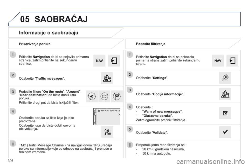Peugeot 508 2014  Uputstvo za upotrebu (in Serbian) 306
05
508_sr_Chap11c_SMEGplus-i_ed02-2014
Informacije o saobraćaju
Odaberite "Traffic messages".
Pritisnite Navigation da bi se pojavila primarna 
stranica, zatim pritisnite na sekundarnu 
s