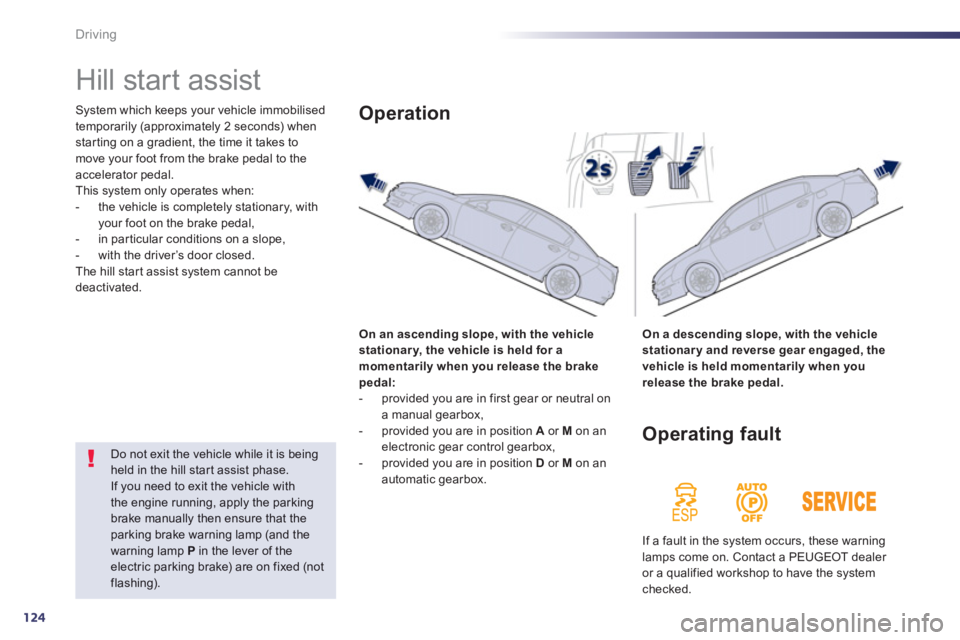 Peugeot 508 2013  Owners Manual - RHD (UK, Australia) 124
Driving
   
 
 
 
 
Hill start assist 
System which keeps your vehicle immobilised
temporarily (approximately 2 seconds) whenstarting on a gradient, the time it takes to move your foot from the br