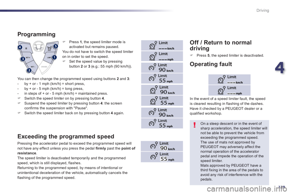 Peugeot 508 2013  Owners Manual - RHD (UK, Australia) 4
129
Driving
F   Press  1, the speed limiter mode is
activated but remains paused.
  You do not have to switch the s
peed limiter 
on in order to set the speed. F    Set the speed value by pressingbu