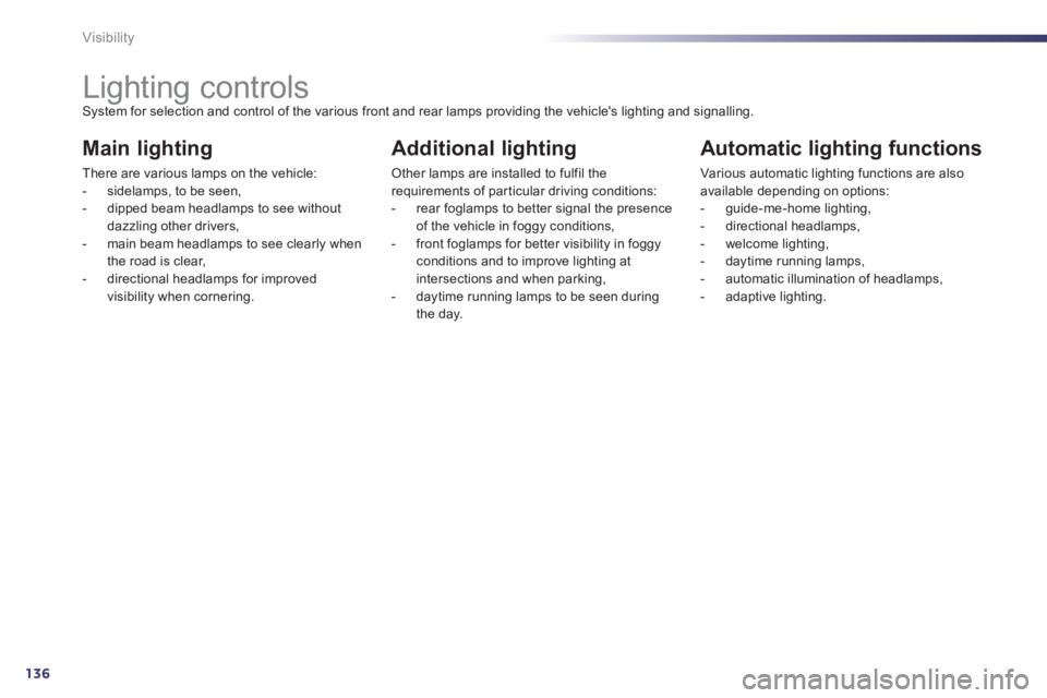 Peugeot 508 2013  Owners Manual - RHD (UK, Australia) 136
Visibility
   
 
 
 
 
 
 
 
 
 
 
 
 
 
Lighting controls System for selection and control of the various front and rear lamps providing the vehicles lighting and signalling. 
Main lighting 
The