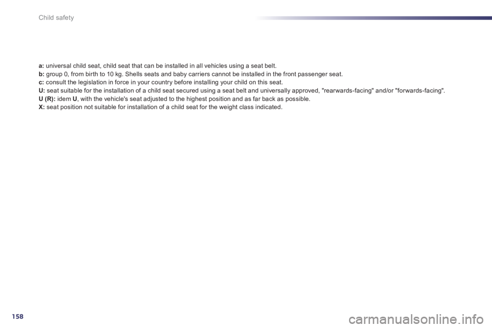 Peugeot 508 2013  Owners Manual - RHD (UK, Australia) 158
Child safety
a:   universal child seat, child seat that can be installed in all vehicles using a seat belt. b: 
 group 0, from bir th to 10 kg. Shells seats and baby carriers cannot be installed i