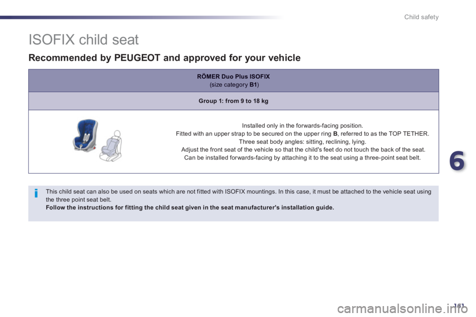 Peugeot 508 2013  Owners Manual - RHD (UK, Australia) 6
161
Child safety
   
 
 
 
 
 
 
 
 
 
 
 
 
 
 
ISOFIX child seat 
 
 
This child seat can also be used on seats which are not fitted with ISOFIX mountings. In this case, it must be attached to the