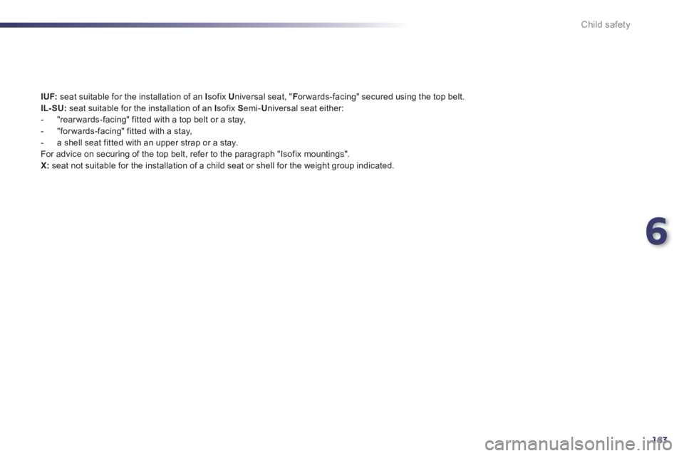 Peugeot 508 2013  Owners Manual - RHD (UK, Australia) 6
163
Child safety
IUF:seat suitable for the installation of an  Isofix U  niversal seat, "F 
orwards-facing" secured using the top belt.IL- SU:seat suitable for the installation of an  I sofix S emi-