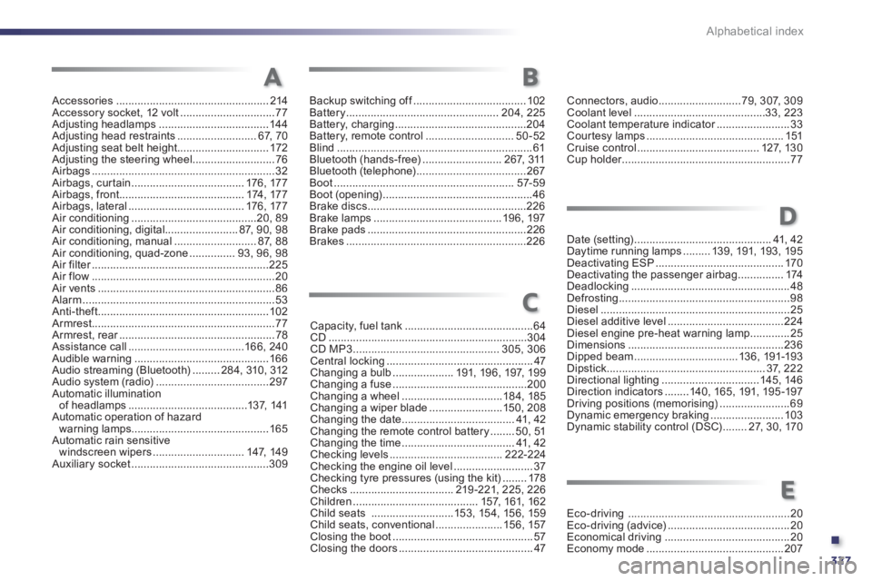 Peugeot 508 2013  Owners Manual - RHD (UK, Australia) .
327 Alphabetical index
Accessories ..................................................214Accessory socket, 12 volt ...............................77Adjusting headlamps ...............................