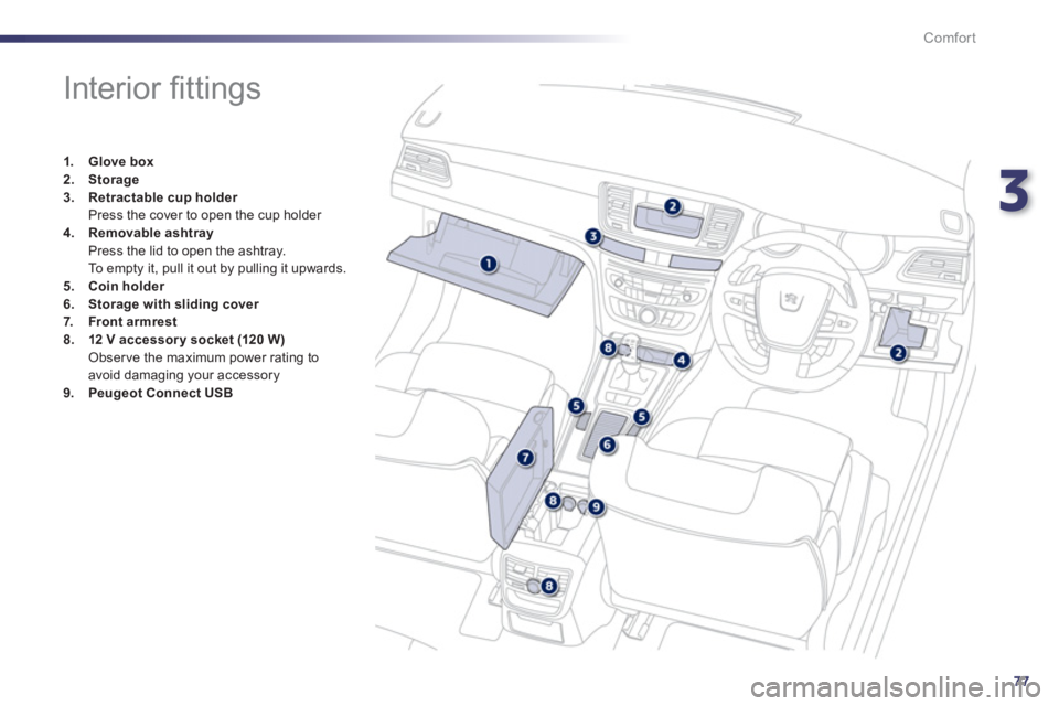 Peugeot 508 2013   - RHD (UK, Australia) Manual PDF 3
77
Comfort
   
 
 
 
 
 
 
 
 
 
 
 
 
 
 
 
 
Interior ﬁ ttings 
1.Glove box2.Storage3.Retractable cup holder  Press the cover to open the cup holder 4.Removable ashtray
  Press the lid to open t