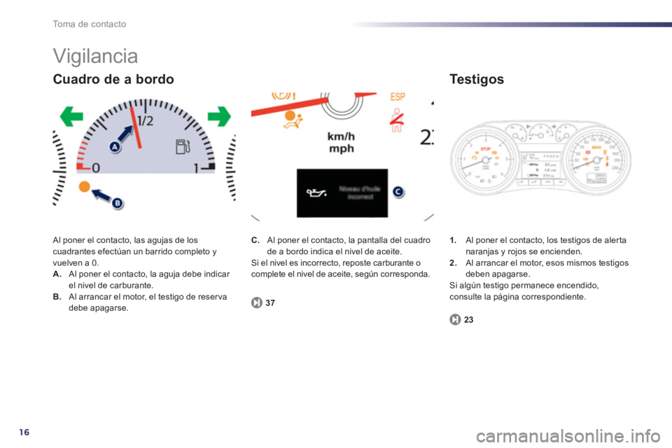Peugeot 508 2013 Manual del propietario (in Spanish) 16
To m a d e c o n t a c t o
Vigilancia
Al poner el contacto, las agujas de los cuadrantes efectúan un barrido completo yvuelven a 0. A.
Al poner el contacto, la aguja debe indicar el nivel Peugeot 508 2013 Manual del propietario (in Spanish) 16
To m a d e c o n t a c t o
Vigilancia
Al poner el contacto, las agujas de los cuadrantes efectúan un barrido completo yvuelven a 0. A.
Al poner el contacto, la aguja debe indicar el nivel