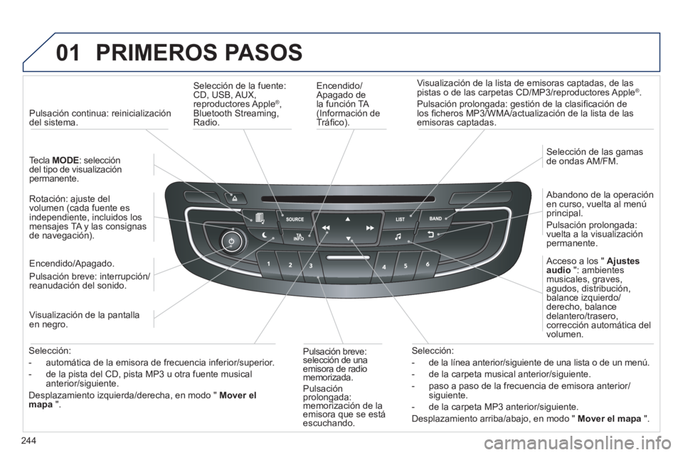 Peugeot 508 2013  Manual del propietario (in Spanish) 244
01  PRIMEROS PASOS
 
 
Encendido/Apagado de
la función TA (Información de
Tráﬁ co).     
Visualización de la lista de emisoras captadas, de las 
pistas o de las carpetas 
CD/MP3/reproductore