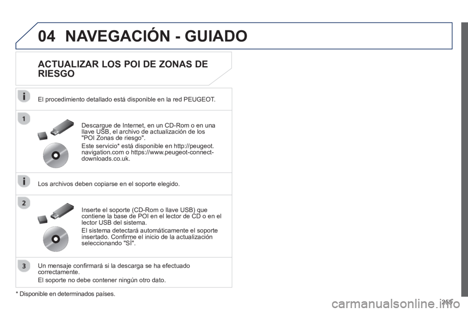 Peugeot 508 2013 Manual del propietario (in Spanish) 255
04NAVEGACIÓN - GUIADO
ACTUALIZAR LOS POI DE ZONAS DE
RIESGO
El procedimiento detallado está disponible en la red PEUGEOT.
Los archivos deben copiarse en el soporte ele
gido.
Peugeot 508 2013 Manual del propietario (in Spanish) 255
04NAVEGACIÓN - GUIADO
ACTUALIZAR LOS POI DE ZONAS DE
RIESGO
El procedimiento detallado está disponible en la red PEUGEOT.
Los archivos deben copiarse en el soporte ele
gido.