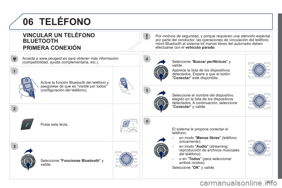 Peugeot 508 2013  Manual del propietario (in Spanish) 267
06
   
 
 
 
 
 
 
 
 
 
 
 
 
 
 
VINCULAR UN TELÉFONO 
BLUETOOTH  
PRIMERA CONEXIÓN    
Por motivos de seguridad, y porque requieren una atención especial 
por parte del conductor, las operac