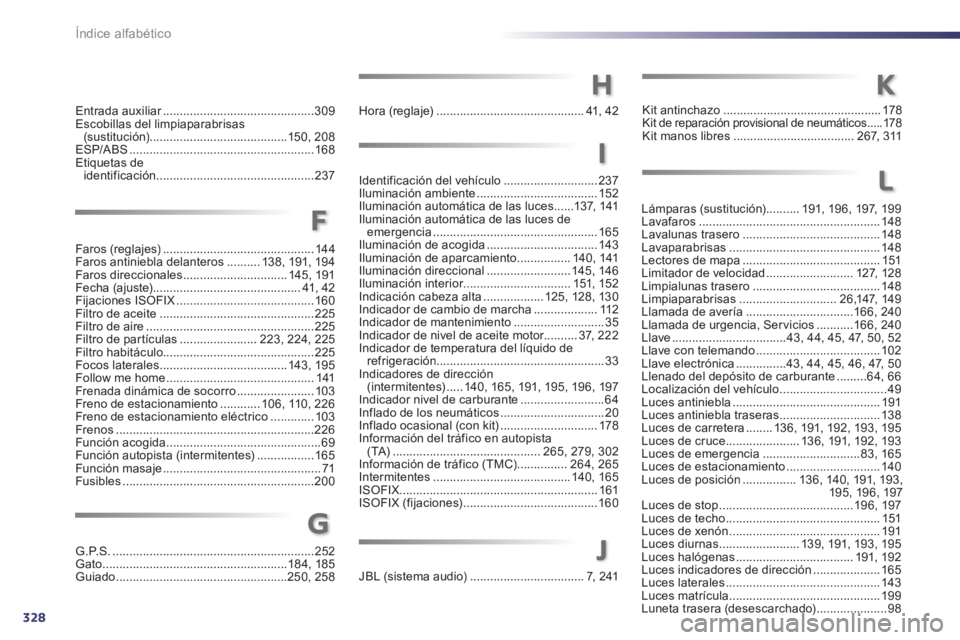 Peugeot 508 2013  Manual del propietario (in Spanish) 328
Índice alfabético
Faros (reglajes) ............................................. 144Faros antiniebla delanteros..........138,191, 194Faros direccionales...............................145, 191Fec
