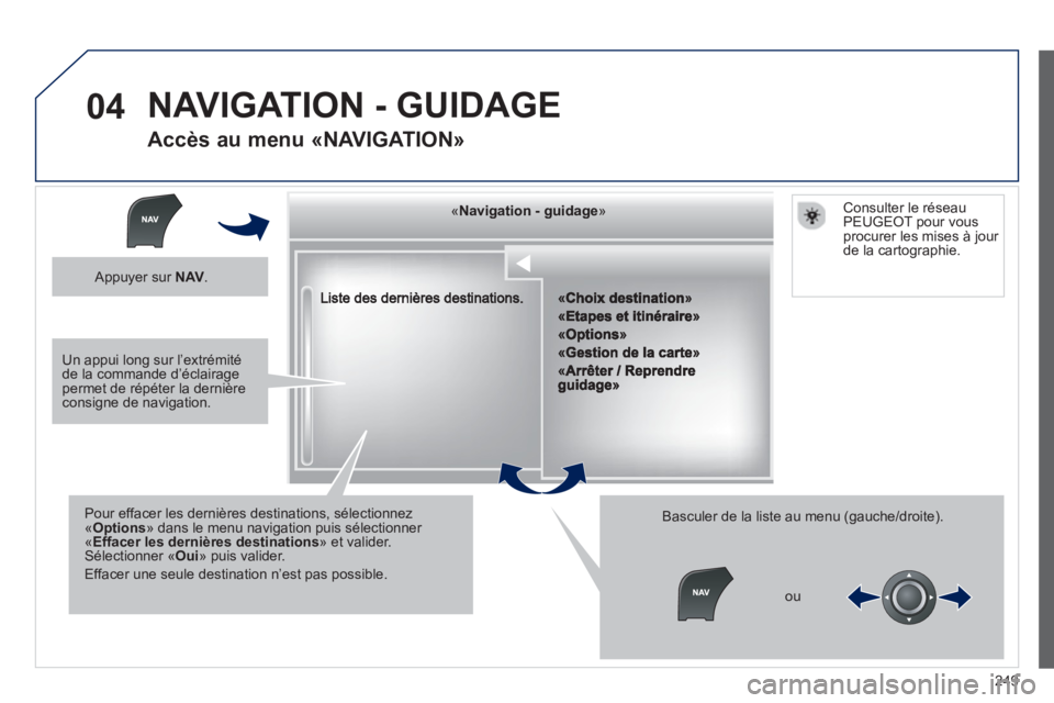 Peugeot 508 2013  Manuel du propriétaire (in French) 249
04
««««««««««««gggggggggggggggNavigation  guidageNavigation guidageNavigation guidageNavigation guidageNavigation guidageNavigation - guidageNavigation - guidageNavigation - guidageNav