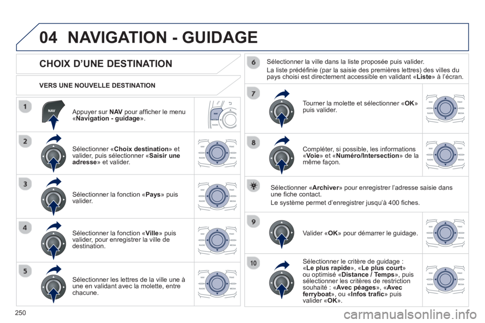 Peugeot 508 2013  Manuel du propriétaire (in French) 250
04
   Appuyer sur  NAVpour afﬁ cher le menu «Navigation - guidage».
 
 VERS UNE NOUVELLE DESTINATION  
NAVIGATION - GUIDAGE
 
 
 
 
 
 
 
 
 
 
 
 
 
CHOIX D’UNE DESTINATION 
 
 Sélectionne