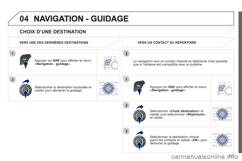 Peugeot 508 2013  Manuel du propriétaire (in French) 251
04
   
CHOIX D’UNE DESTINATION 
 
 VERS UNE DES DERNIÈRES DESTINATIONS  
   
Appuyer sur NAV 
 pour afﬁ cher le menu´Navigation - guidage ».  
Sélectionner la destination souhaitée et 
va