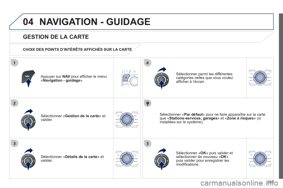 Peugeot 508 2013  Manuel du propriétaire (in French) 259
04NAVIGATION - GUIDAGE
   
Appuyer sur NAVpour afﬁ cher le menu´Navigation - guidage ».  
 
 
GESTION DE LA CARTE 
 
 
CHOIX DES POINTS D’INTÉRÊTS AFFICHÉS SUR LA CARTE  
Sélectionner «