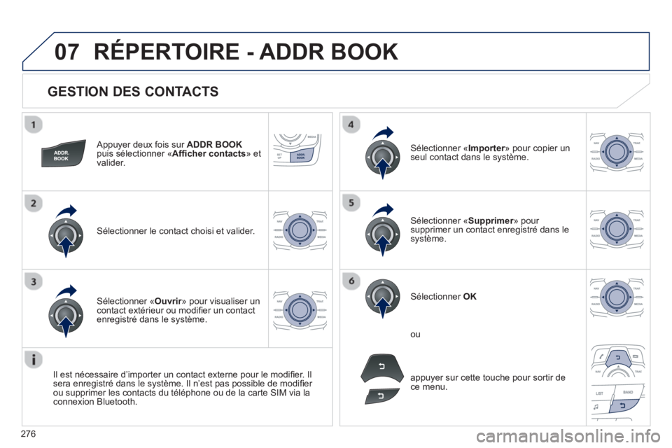 Peugeot 508 2013  Manuel du propriétaire (in French) 276
07
   
GESTION DES CONTACTS 
 
 
Appuyer deux fois sur  ADDR BOOK
puis sélectionner «Afﬁ cher contacts 
» et 
valider.   
Sélectionner le contact choisi et valider.   
Sélectionner «Import
