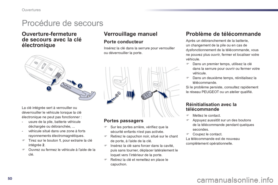 Peugeot 508 2013  Manuel du propriétaire (in French) 50
Ouvertures
   
 
 
 
 
Procédure de secours 
Ouverture-fermeture 
de secours  
 avec la clé 
électronique
La clé intégrée ser t à verrouiller ou 
déverrouiller le véhicule lorsque la clé
