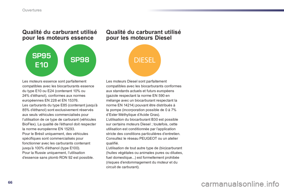 Peugeot 508 2013  Manuel du propriétaire (in French) 66
DIESEL
Ouvertures
Qualité du carburant utilisé 
pour les moteurs essence
Les moteurs essence sont parfaitement compatibles avec les biocarburants essence
du type E10 ou E24 (contenant 10% ou
24% 