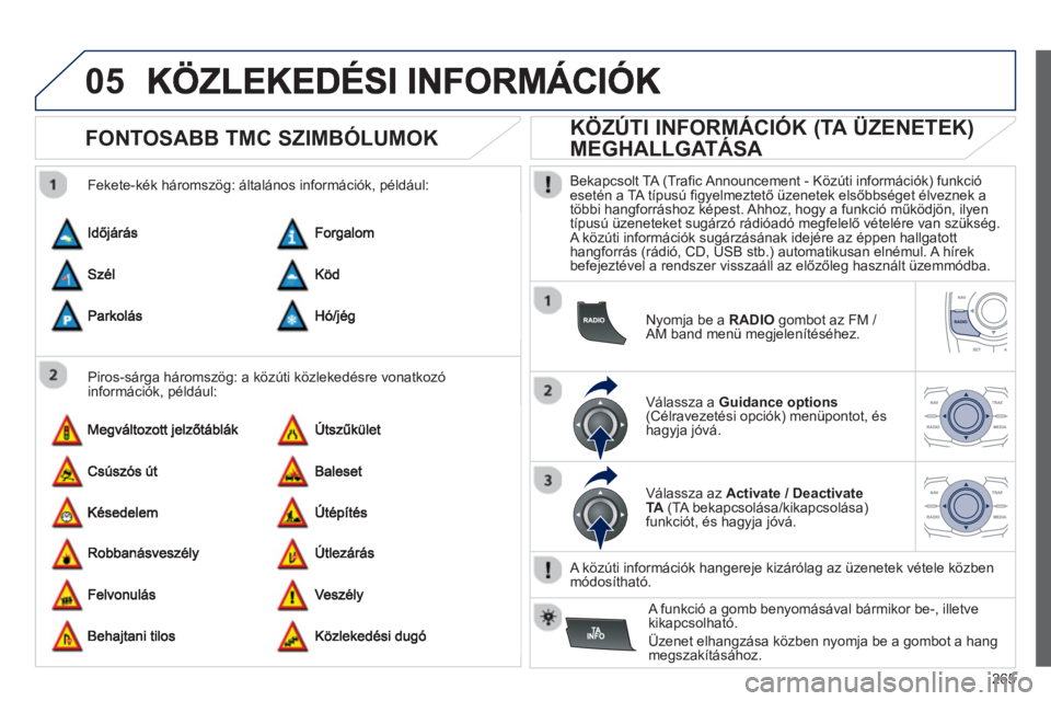 Peugeot 508 2013 Kezelési útmutató (in Hungarian) 265
05
FONTOSABB TMC SZIMBÓLUMOK
Piros-sárga háromszög: a közúti közlekedésre vonatkozó
információk, például:
Fekete-kék háromszö
g: általános információk, Peugeot 508 2013 Kezelési útmutató (in Hungarian) 265
05
FONTOSABB TMC SZIMBÓLUMOK
Piros-sárga háromszög: a közúti közlekedésre vonatkozó
információk, például:
Fekete-kék háromszö
g: általános információk,