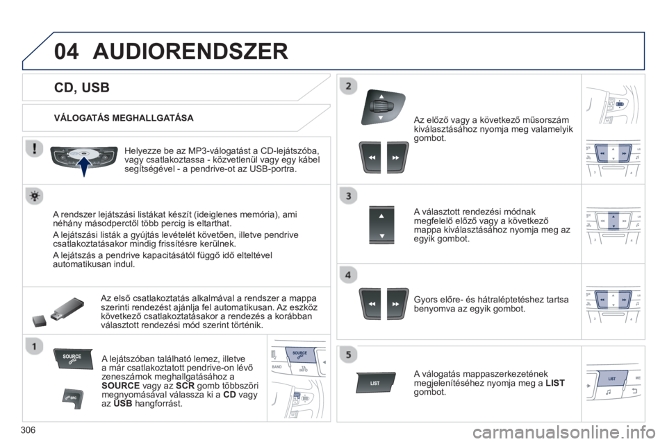 Peugeot 508 2013  Kezelési útmutató (in Hungarian) 306
04
   
 
 
 
 
 
 
 
 
 
 
 
CD, USB 
AUDIORENDSZER
 
 VÁLOGATÁS MEGHALLGATÁSA 
 
   
Hel
yezze be az MP3-válogatást a CD-lejátszóba,
vagy csatlakoztassa - közvetlenül vagy egy kábel seg