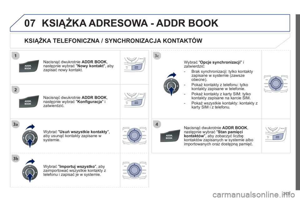 Peugeot 508 2013 Instrukcja Obsługi (in Polish) 275
07
KSIĄŻKA TELEFONICZNA / SYNCHRONIZACJA KONTAKTÓW
Nacisnąć dwukrotnie ADDR BOOK ,następnie wybrać "Nowy kontakt
", aby zapisać nowy kontakt.
Nacisnąć dwukrotnie
ADDR BO Peugeot 508 2013 Instrukcja Obsługi (in Polish) 275
07
KSIĄŻKA TELEFONICZNA / SYNCHRONIZACJA KONTAKTÓW
Nacisnąć dwukrotnie ADDR BOOK ,następnie wybrać "Nowy kontakt
", aby zapisać nowy kontakt.
Nacisnąć dwukrotnie
ADDR BO